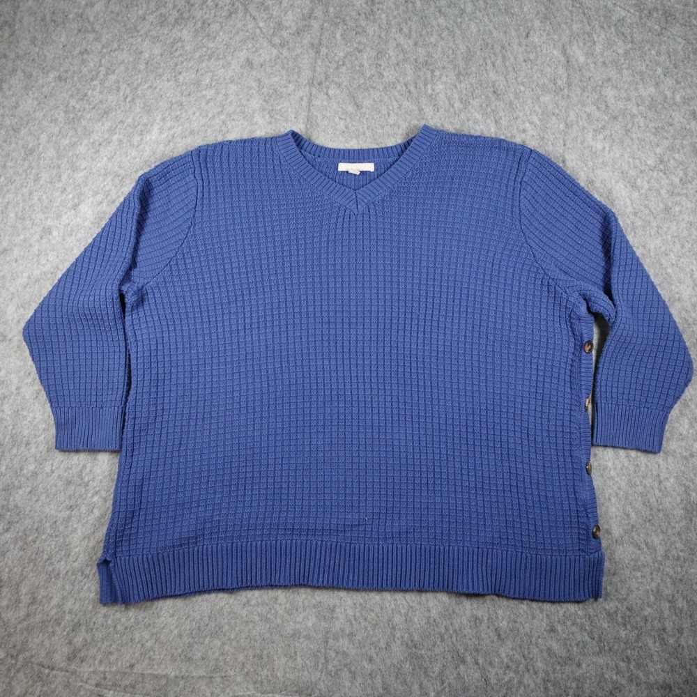 Woman Within Sweater Women 3X Blue V Neck Button Side Waffle Knit Cotton Blend